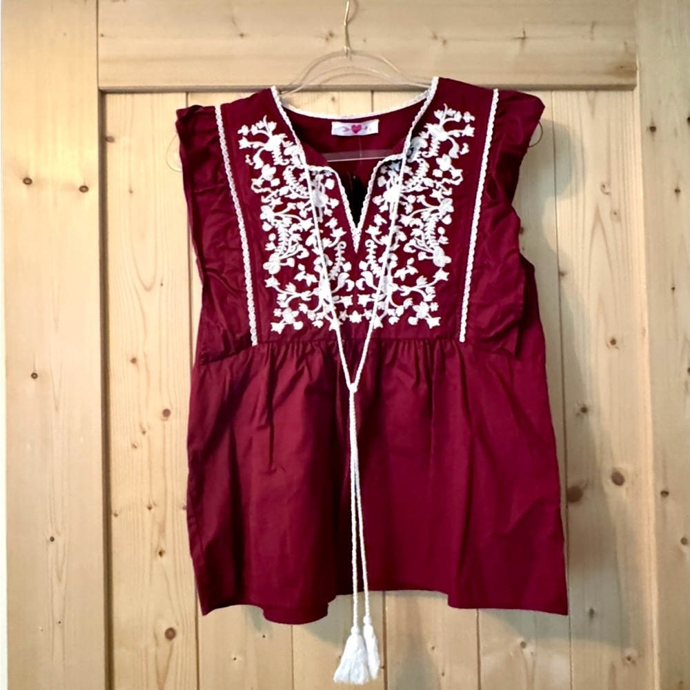 Buddy Love Embroidered Burgundy Sleeveless Top